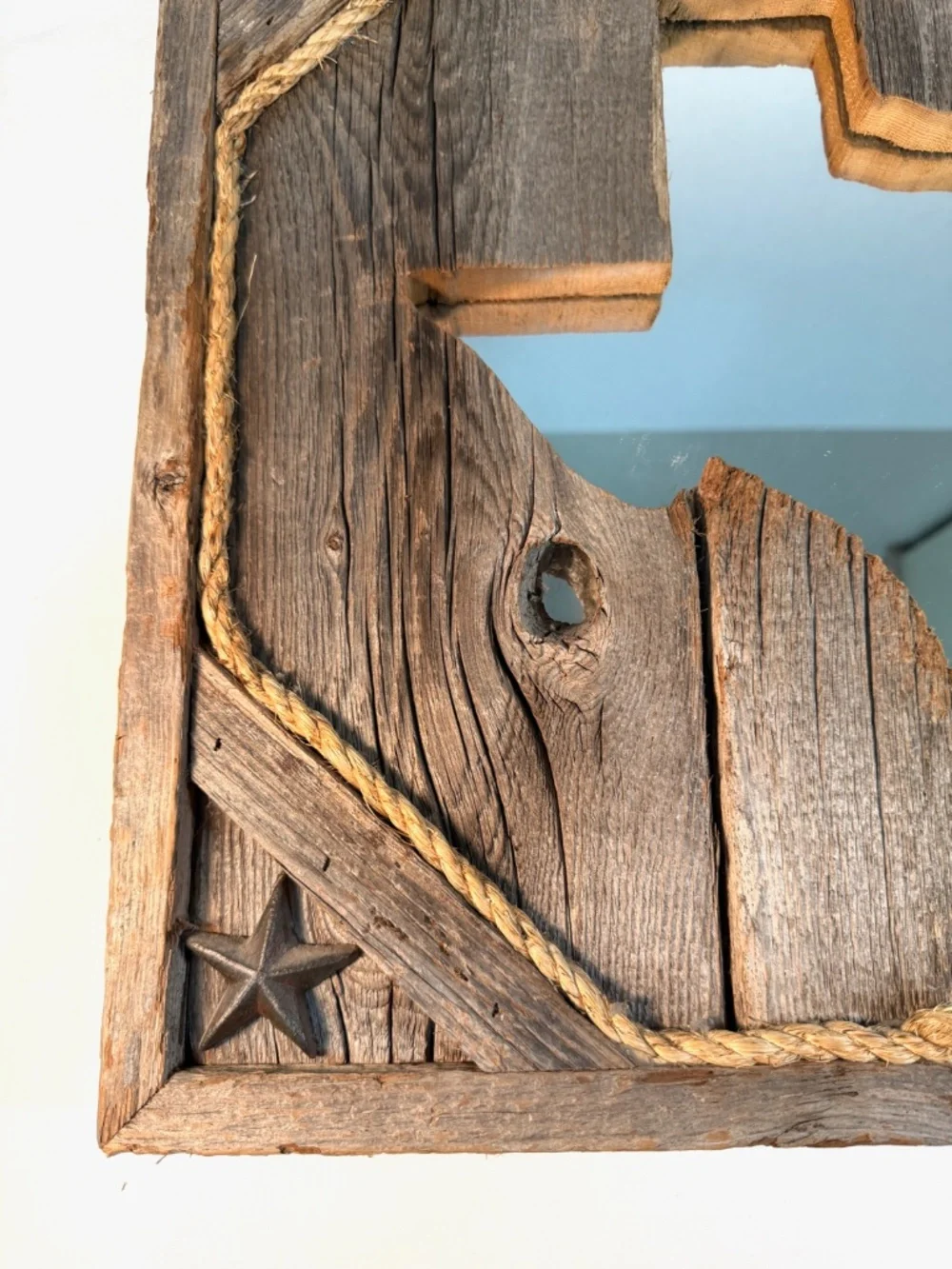 Rustic Cedar Wood Texas Shaped Wall Mirror, Rope, Stars, 17